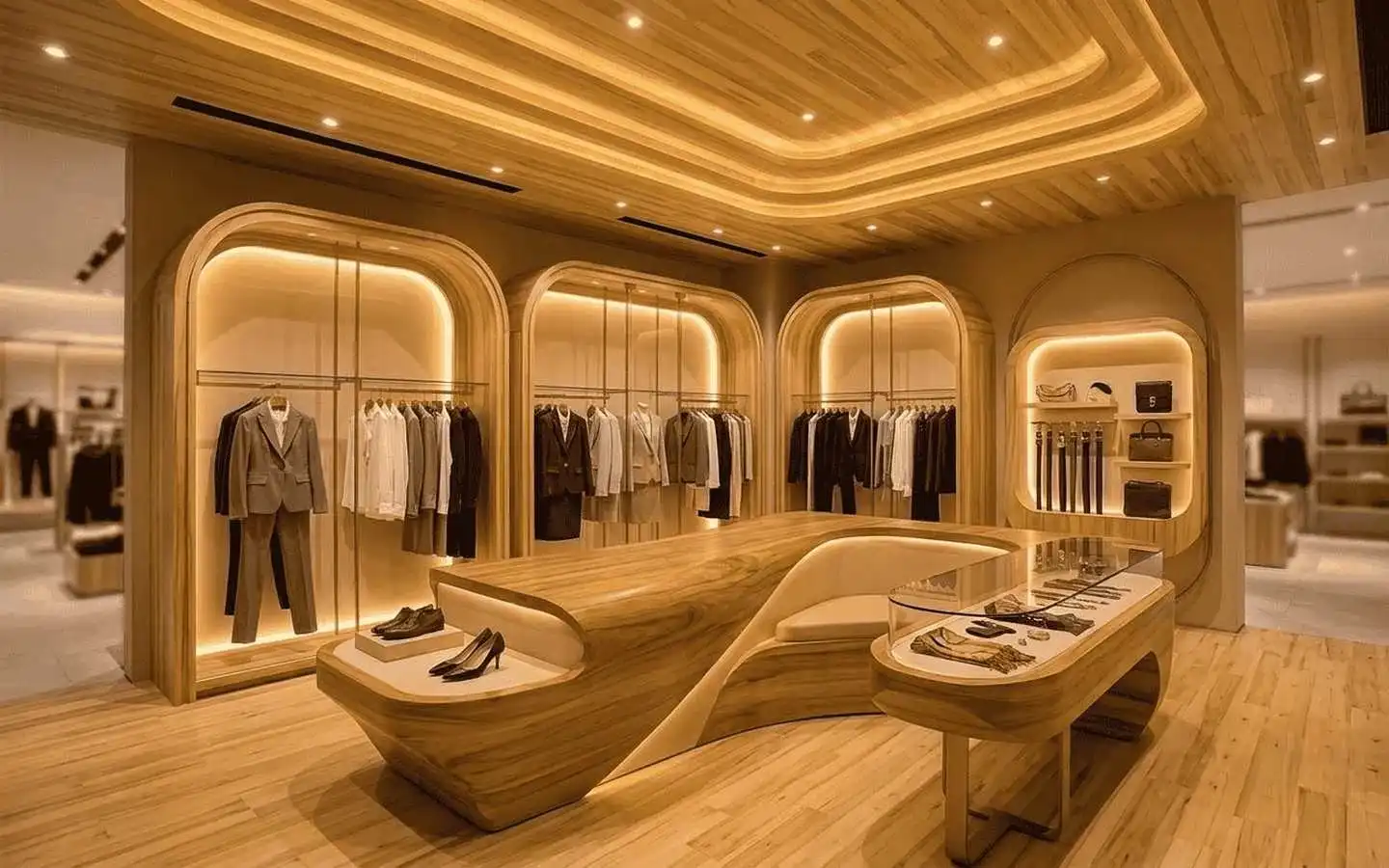 Modern luxury clothing showroom interior featuring curved wooden architectural details, warm recessed lighting, and boutique garment displays