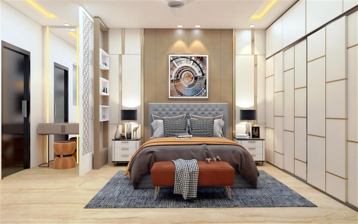 Luxury 3D bedroom render featuring a tufted grey headboard, a large white and gold floor-to-ceiling wardrobe, and a modern vanity area with a decorative screen