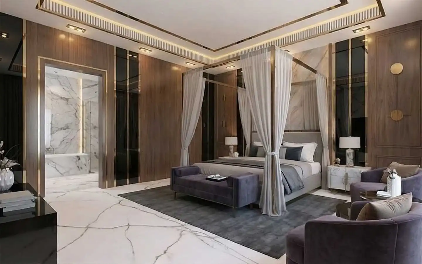 Modern master bedroom interior design in Delhi featuring a four-poster canopy bed, wood paneling with gold trim, and an integrated marble ensuite bathroom
