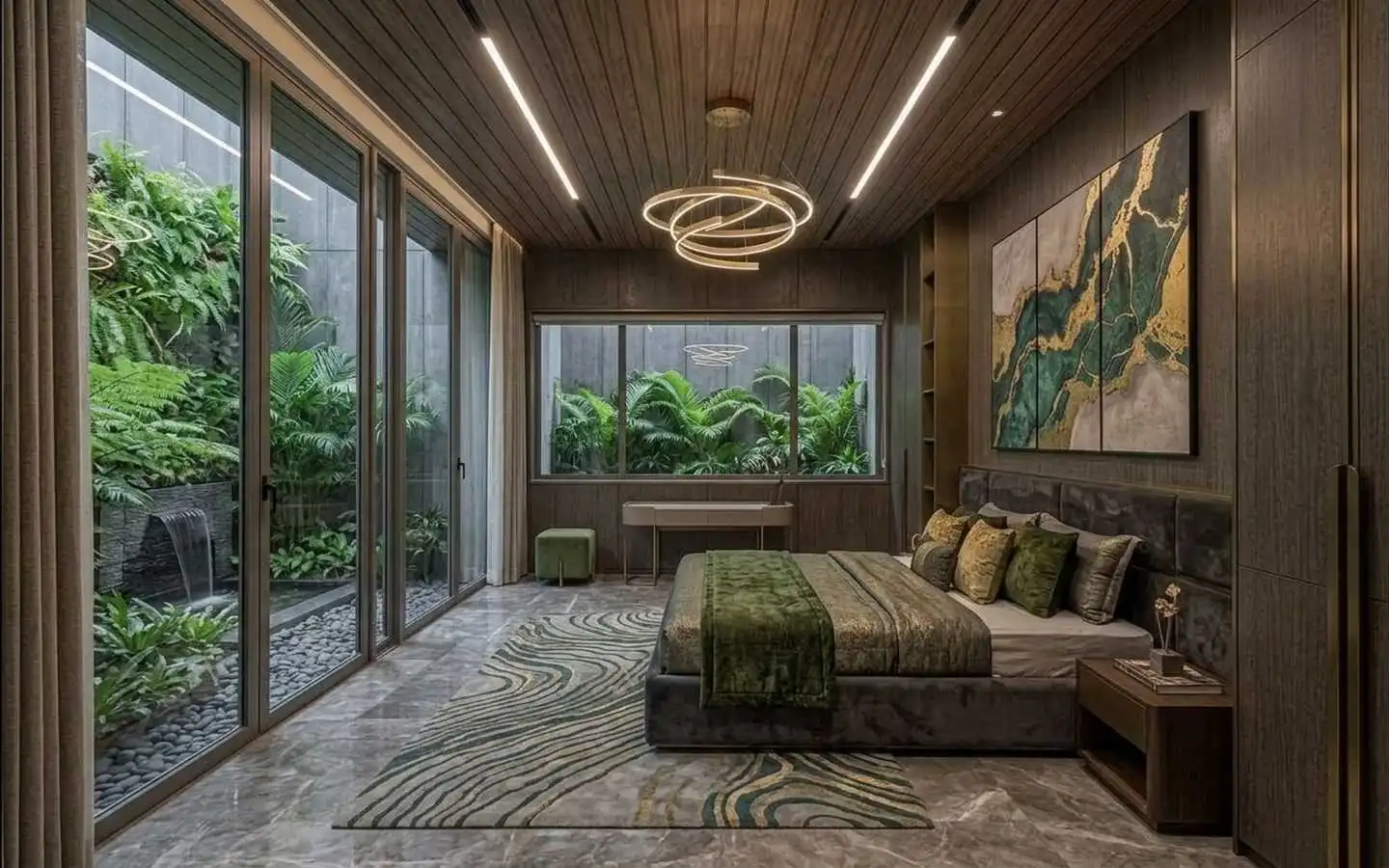 Spacious modern master suite with integrated linear LED ceiling lights, dark wood cabinetry, a marble floor, and large windows overlooking a lush indoor-outdoor garden with a waterfall