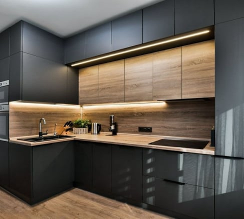 Modern L-shaped kitchen interior design featuring matte black cabinetry, wood-grain upper cabinets and backsplash, integrated LED strip lighting, and matching wood countertops