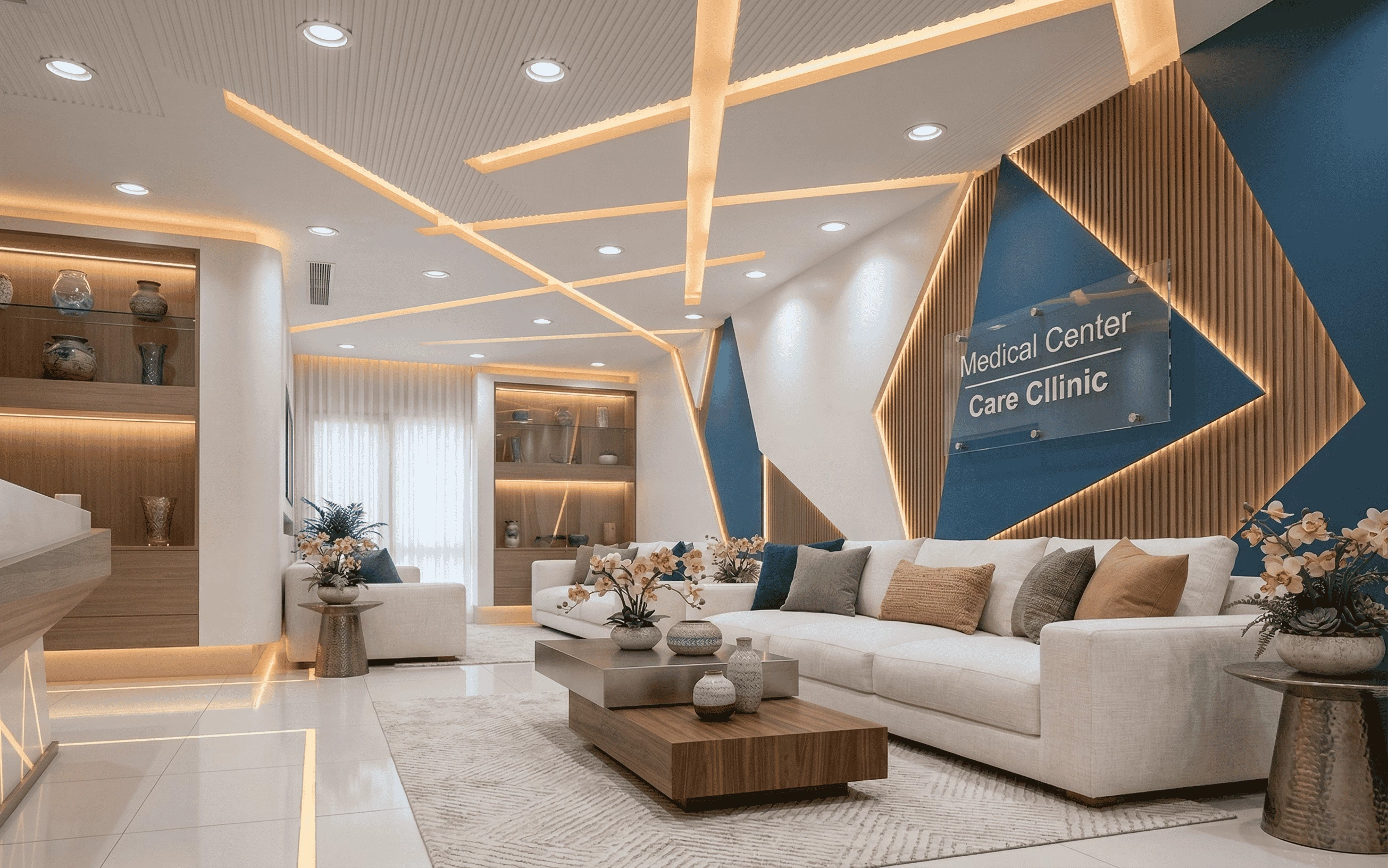 Elegant medical center waiting area with white sectional sofa, coffee tables, decorative shelving, and warm LED lighting