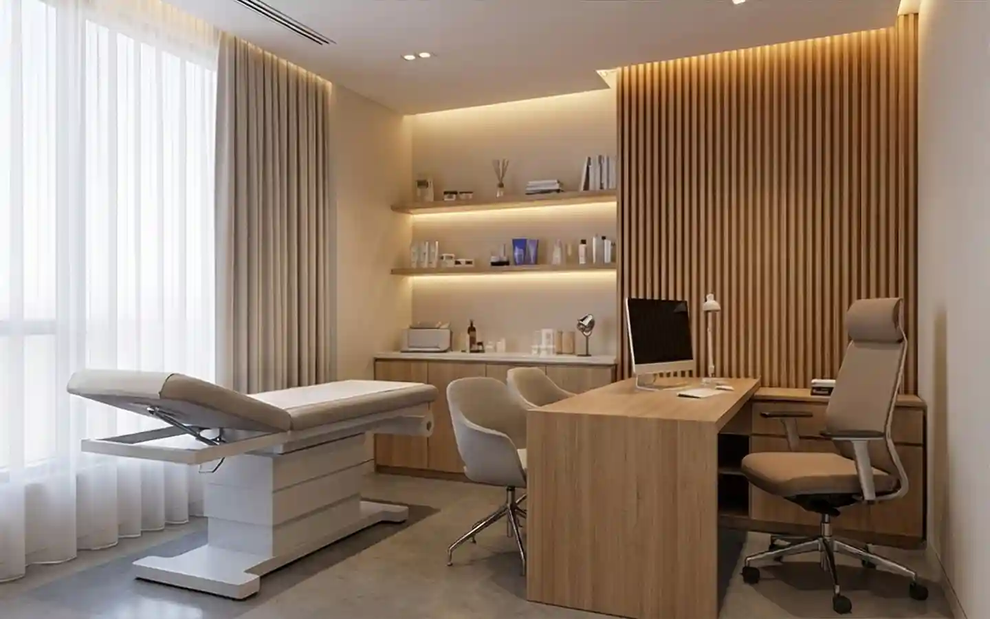Upscale clinic consultation room featuring a wooden slat accent wall, medical examination bed, and professional doctor's desk with warm ambient lighting