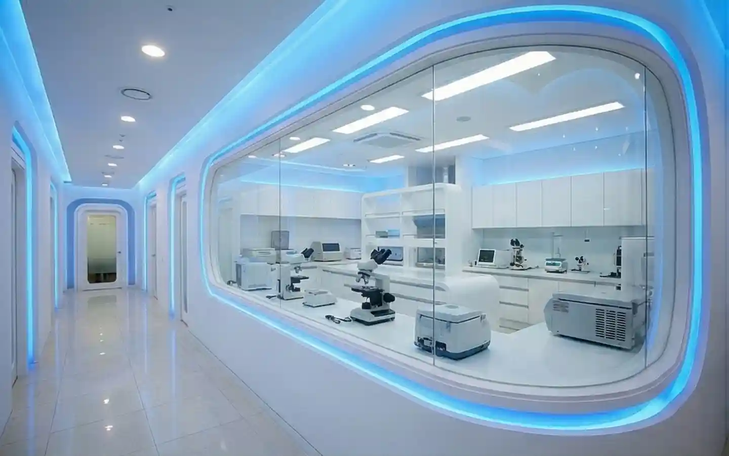 Modern futuristic medical laboratory interior design with white cabinetry, blue LED accent lighting, and professional microscopy equipment in a clean clinic setting