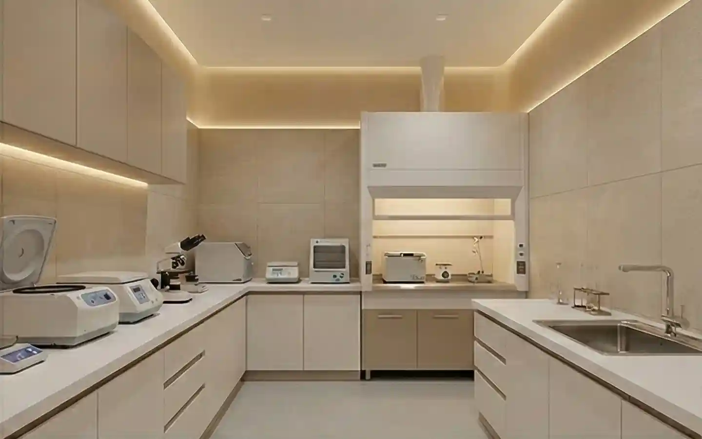 Professional medical laboratory interior featuring custom white cabinetry, integrated cove lighting, and sterile workstation with lab equipment