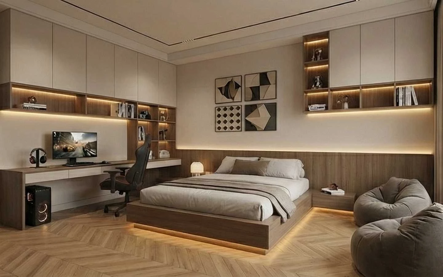 Modern minimalist bedroom featuring a built-in wooden desk, integrated LED lighting, and neutral tone cabinetry