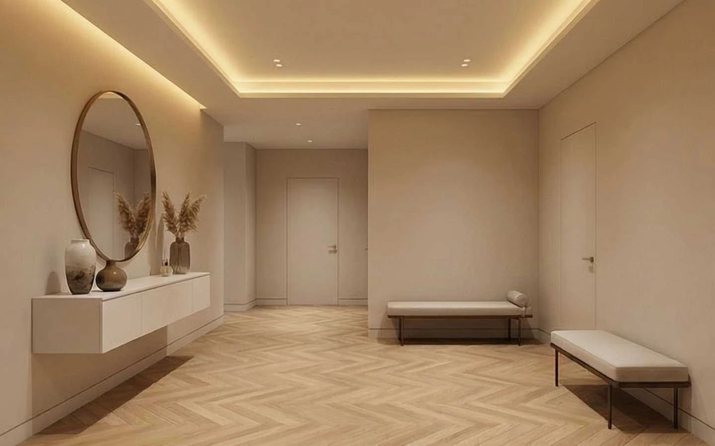 Modern minimalist foyer featuring a floating white console, large round gold mirror, chevron wood floors, and sophisticated recessed cove ceiling lighting