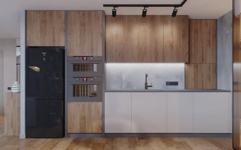 Modern minimalist kitchen design featuring natural wood upper cabinets, sleek white lower cabinets, and integrated black appliances including a double oven and refrigerator