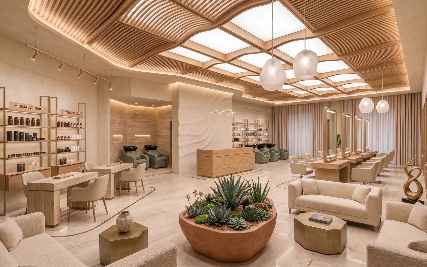 Modern luxury salon interior featuring minimalist wooden ceiling baffles, warm ambient lighting, and elegant cream-colored furniture