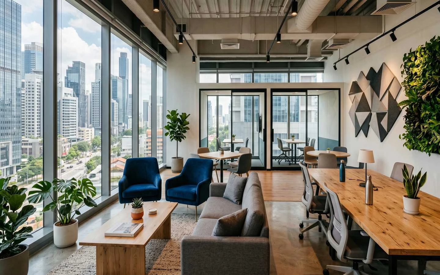 Modern minimalist office interior featuring a collaborative workspace with velvet armchairs, large windows with city views, and a vertical green wall