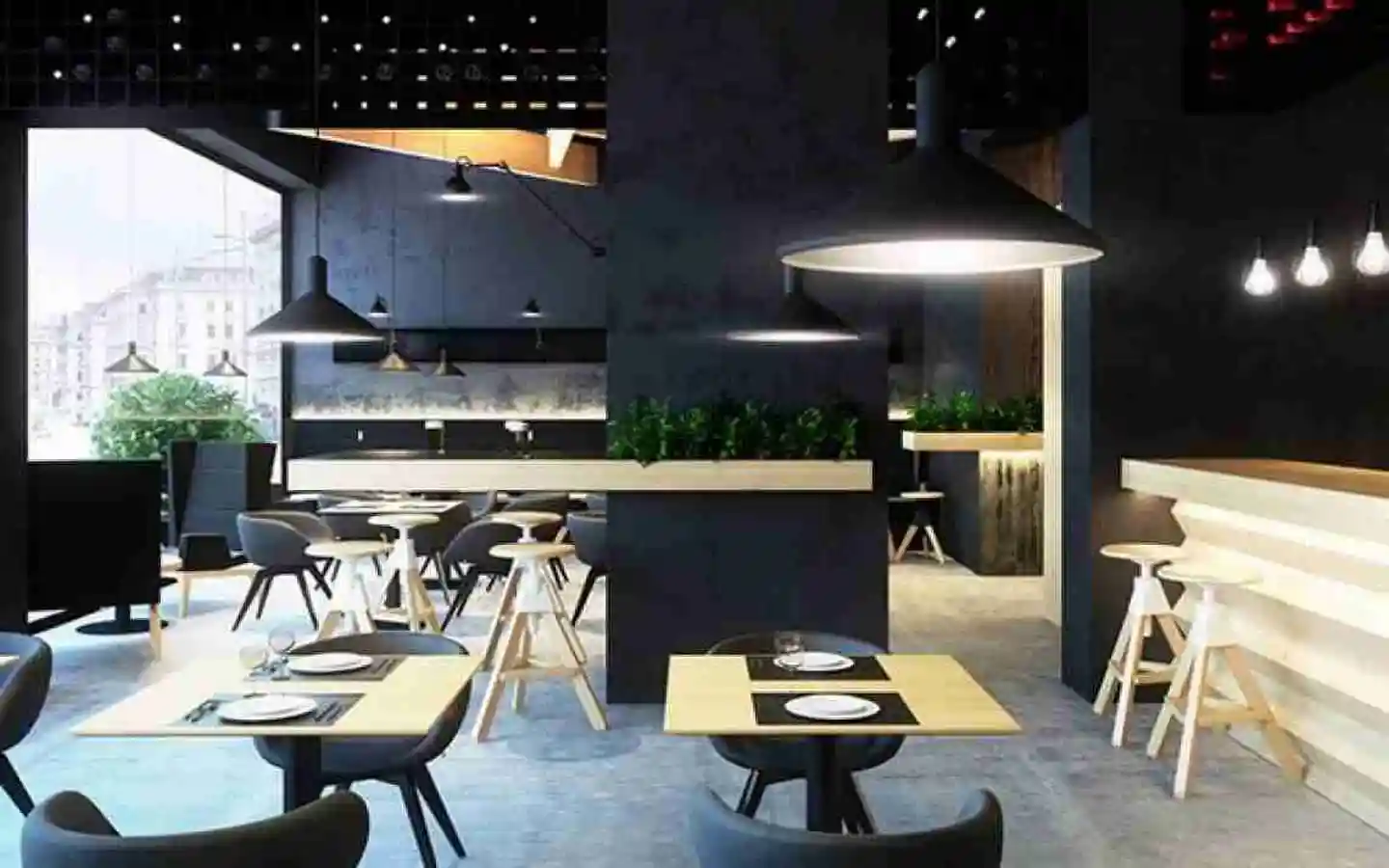 Modern minimalist restaurant interior with black walls, light wood furniture, and industrial pendant lighting