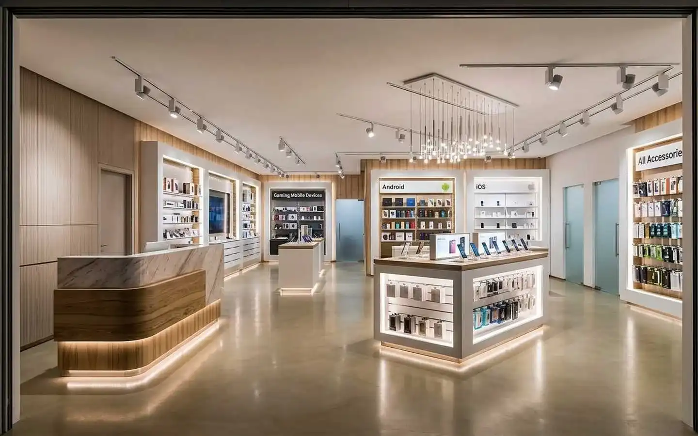 Modern mobile phone retail store interior featuring minimalist display counters, wooden wall accents, marble reception desk, and bright track lighting