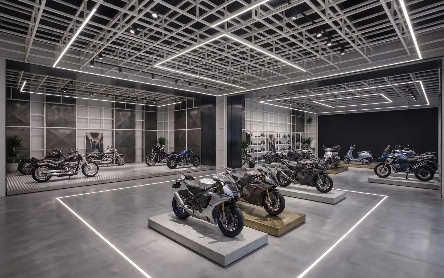 Modern industrial motorcycle showroom interior featuring minimalist grid ceiling lighting, polished concrete floors, and custom display platforms