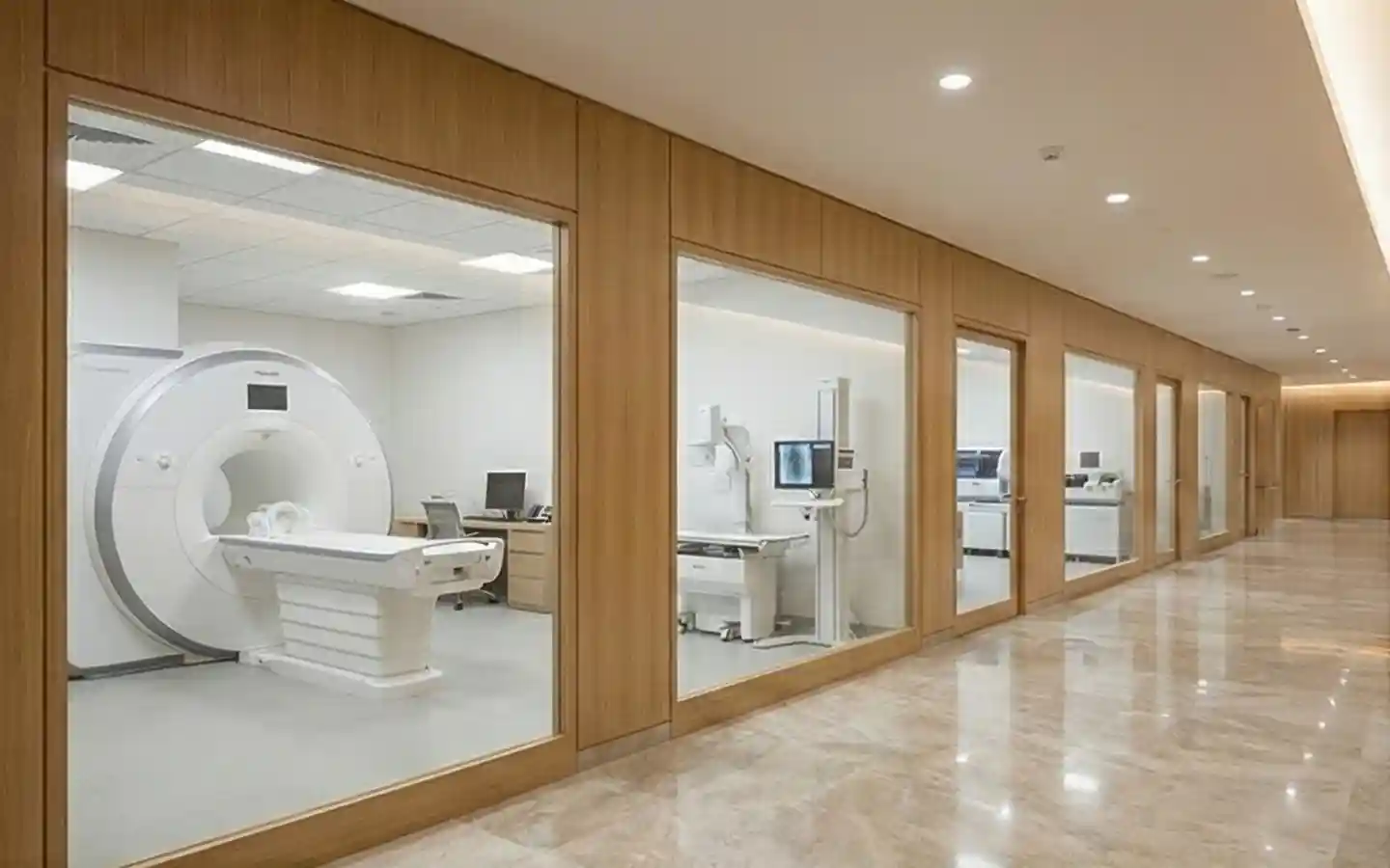 Hospital diagnostic imaging wing featuring an MRI machine room viewed through large glass windows, wood-paneled walls, and a polished marble hallway