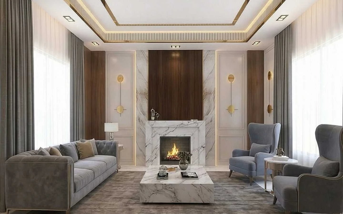 Elegant neoclassical living room featuring a white marble fireplace, wood-paneled walls with gold sconces, a grey tufted sofa, and blue wingback chairs