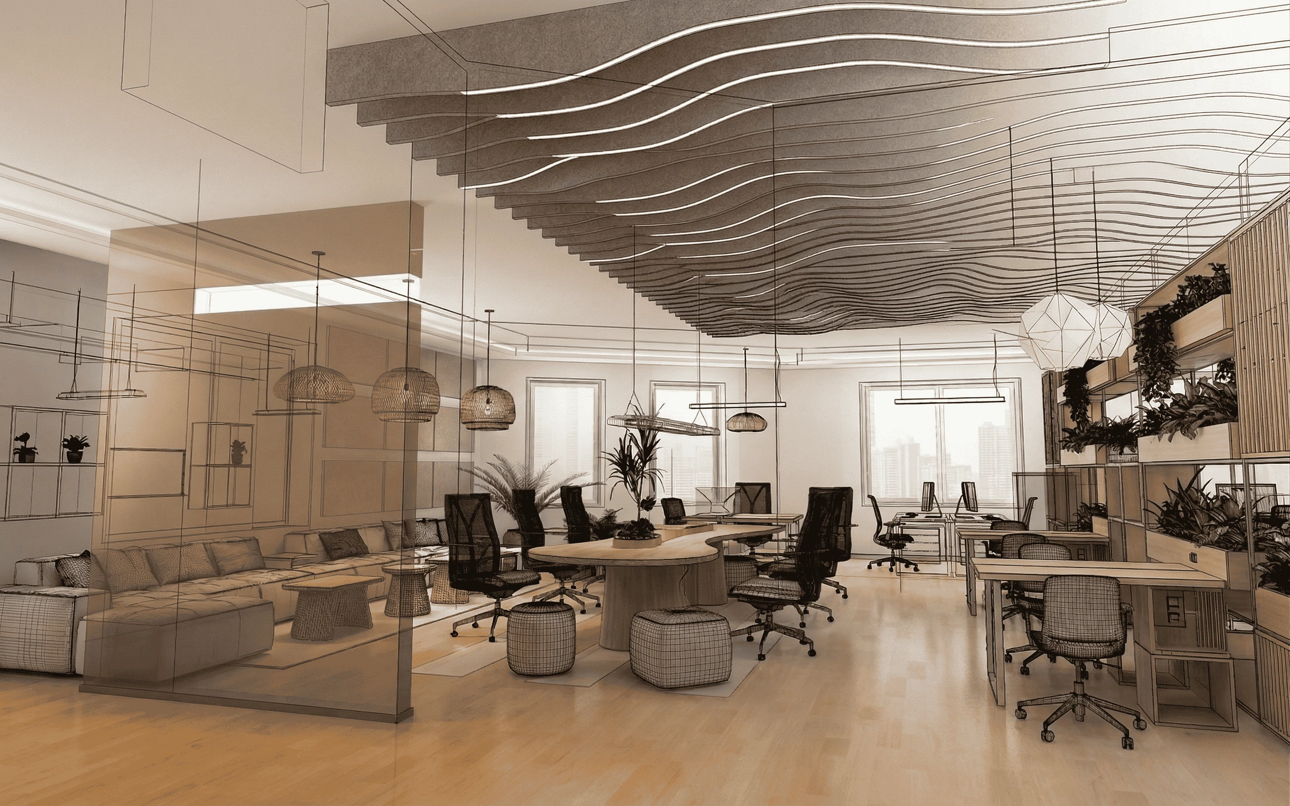 Professional office interior design visualization showing a creative transition from a detailed wireframe sketch to a finished modern workspace with wave-patterned ceiling baffles and ergonomic workstations