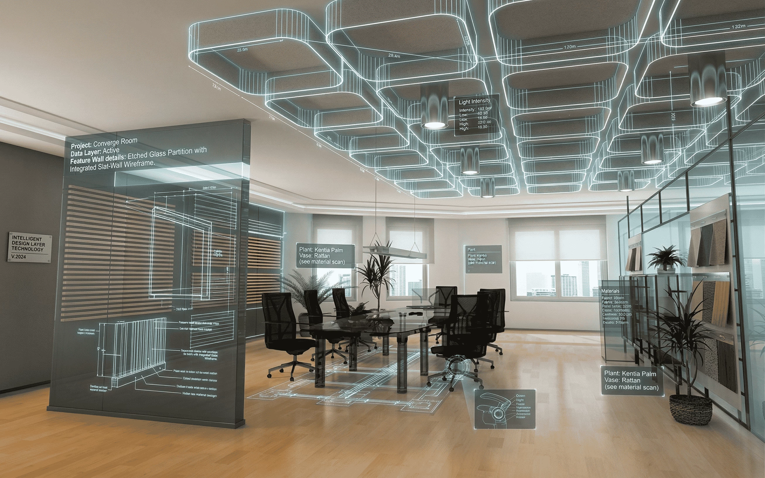 Modern office conference room with sleek black chairs, glass partitions, wooden flooring, indoor plants, and ceiling light design with holographic interface overlays