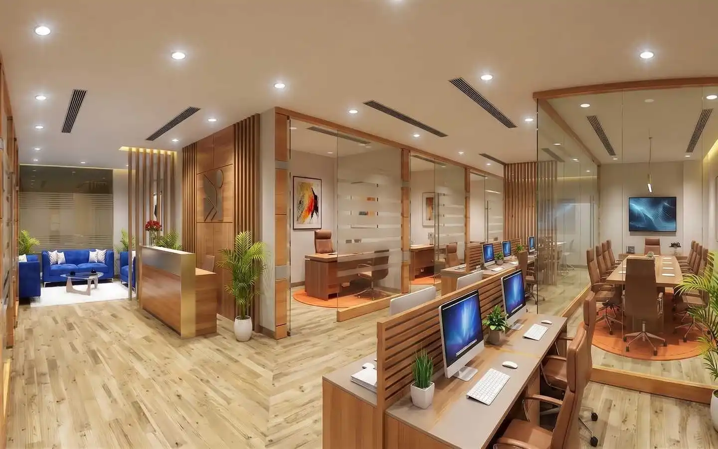 Luxury corporate office interior design in Delhi featuring glass partitions, wooden wall paneling, and a modern conference room