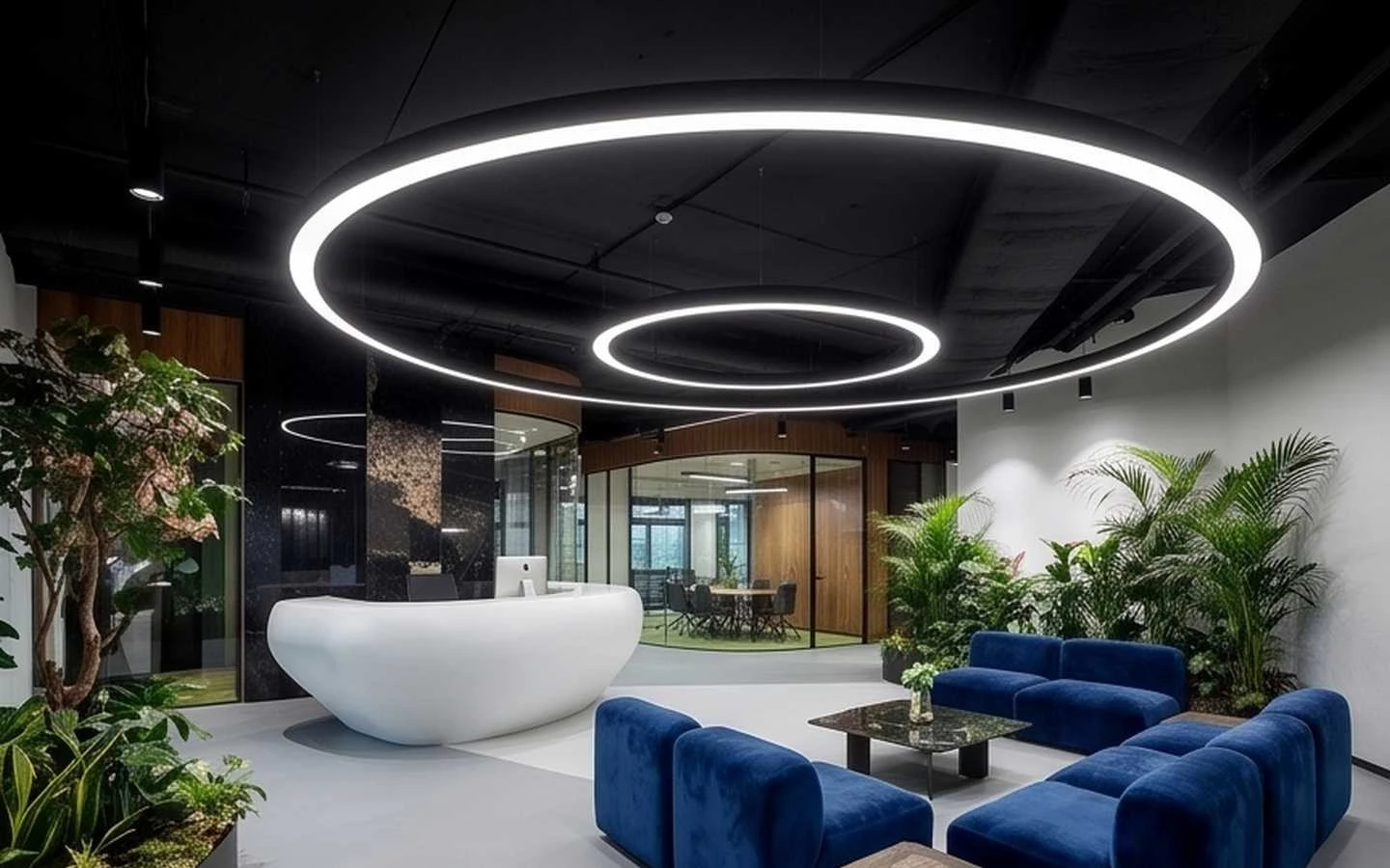 Modern office reception area featuring a white curved desk, blue velvet seating, and circular LED pendant lighting