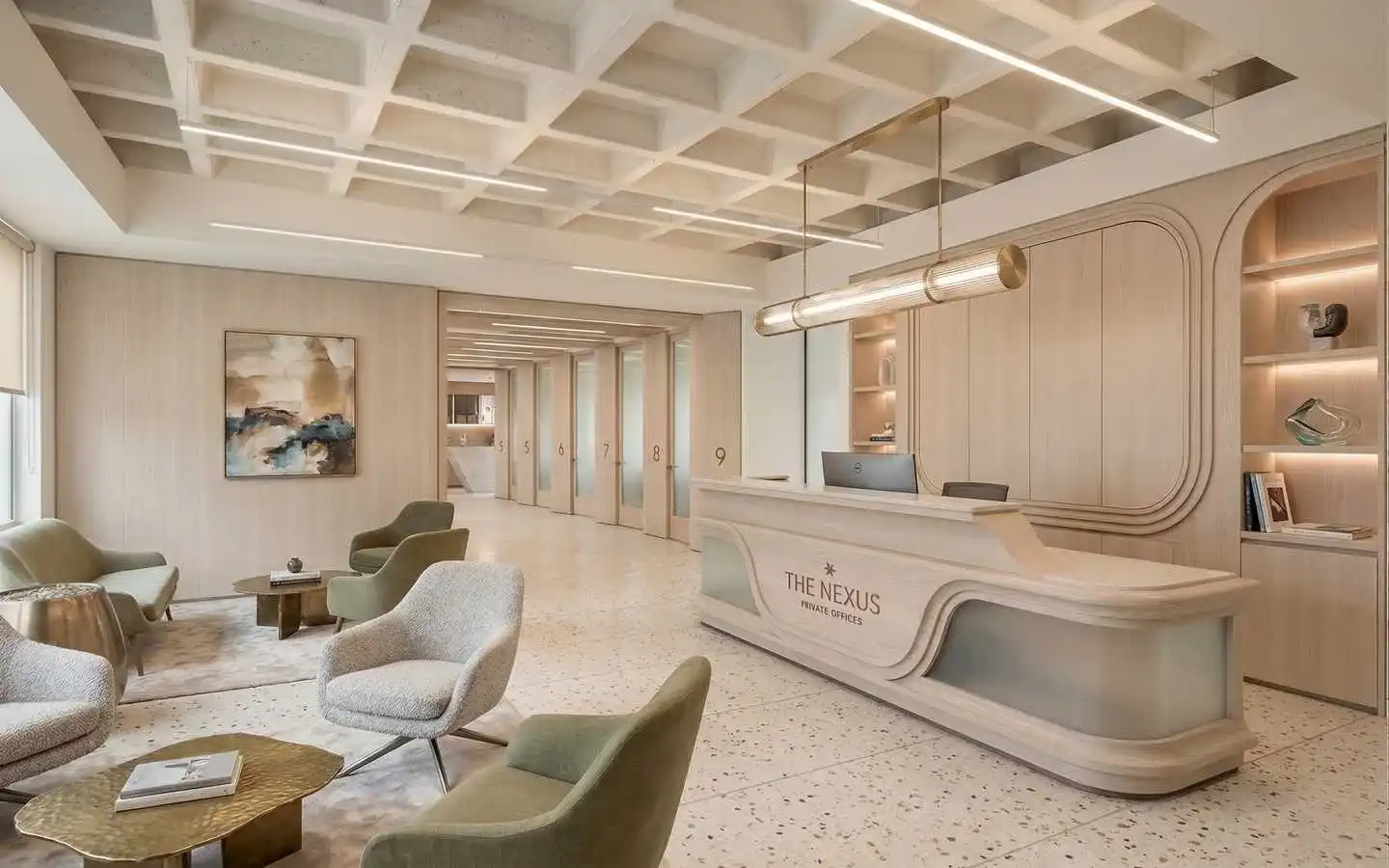 Modern office reception lobby interior with sleek front desk, comfortable seating area with armchairs, abstract wall art, terrazzo flooring, and numbered private office doors