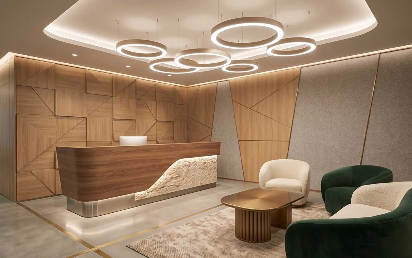 Modern luxury office reception area featuring a wood-paneled feature wall, geometric stone desk, halo ring pendant lights, and elegant curved seating