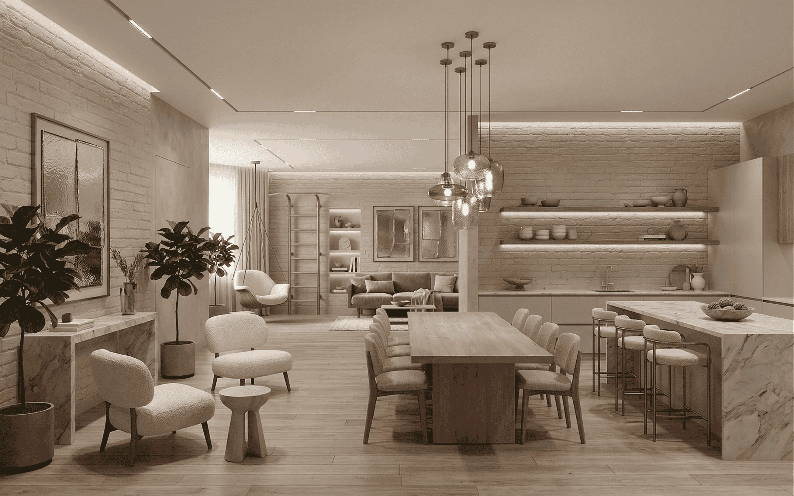 Modern open-concept apartment featuring a aesthetic with white brick walls, a marble kitchen island, long wooden dining table, and a minimalist living room zone