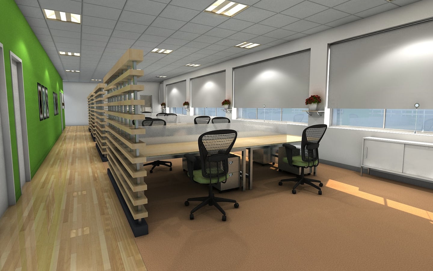 Contemporary open-plan office with shared desk, ergonomic chairs, wooden partition, and natural light from large windows