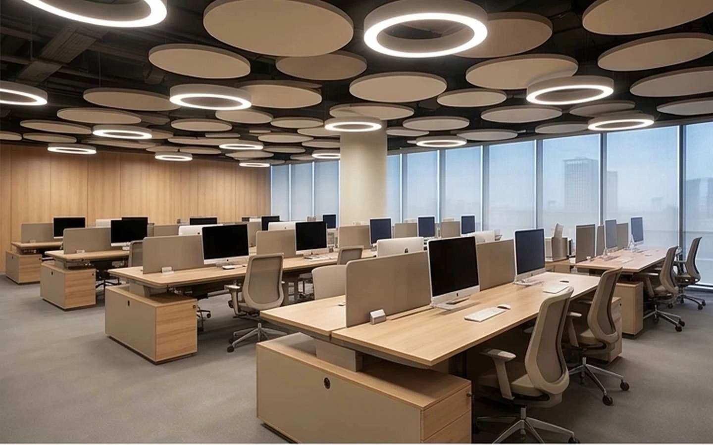 Modern open-plan office interior featuring wooden workstations, ergonomic chairs, and a unique acoustic ceiling with circular pendant lights