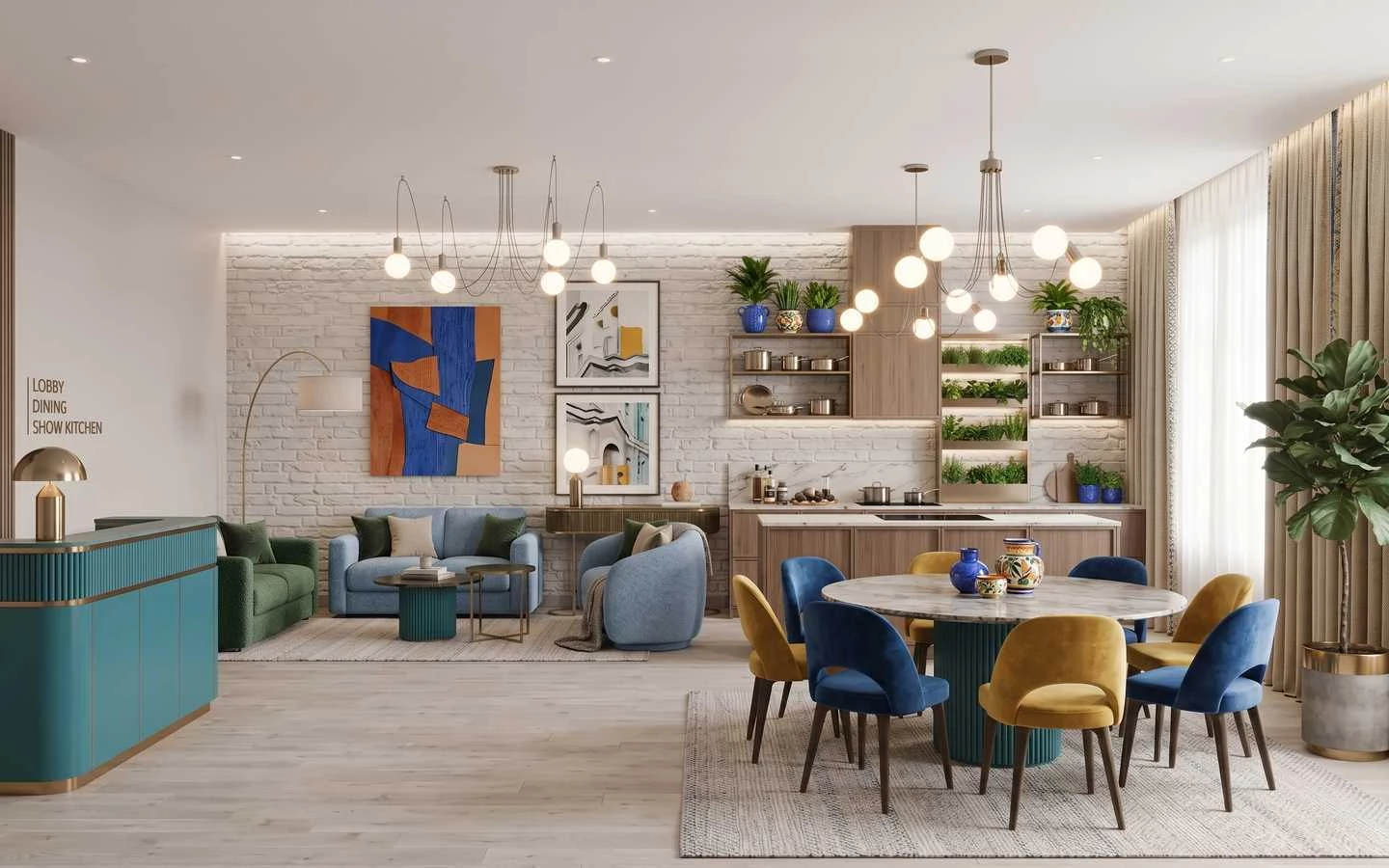Modern open-plan interior featuring a white brick accent wall, a colorful dining set with blue and mustard velvet chairs, a show kitchen with herb shelving, and contemporary globe chandeliers