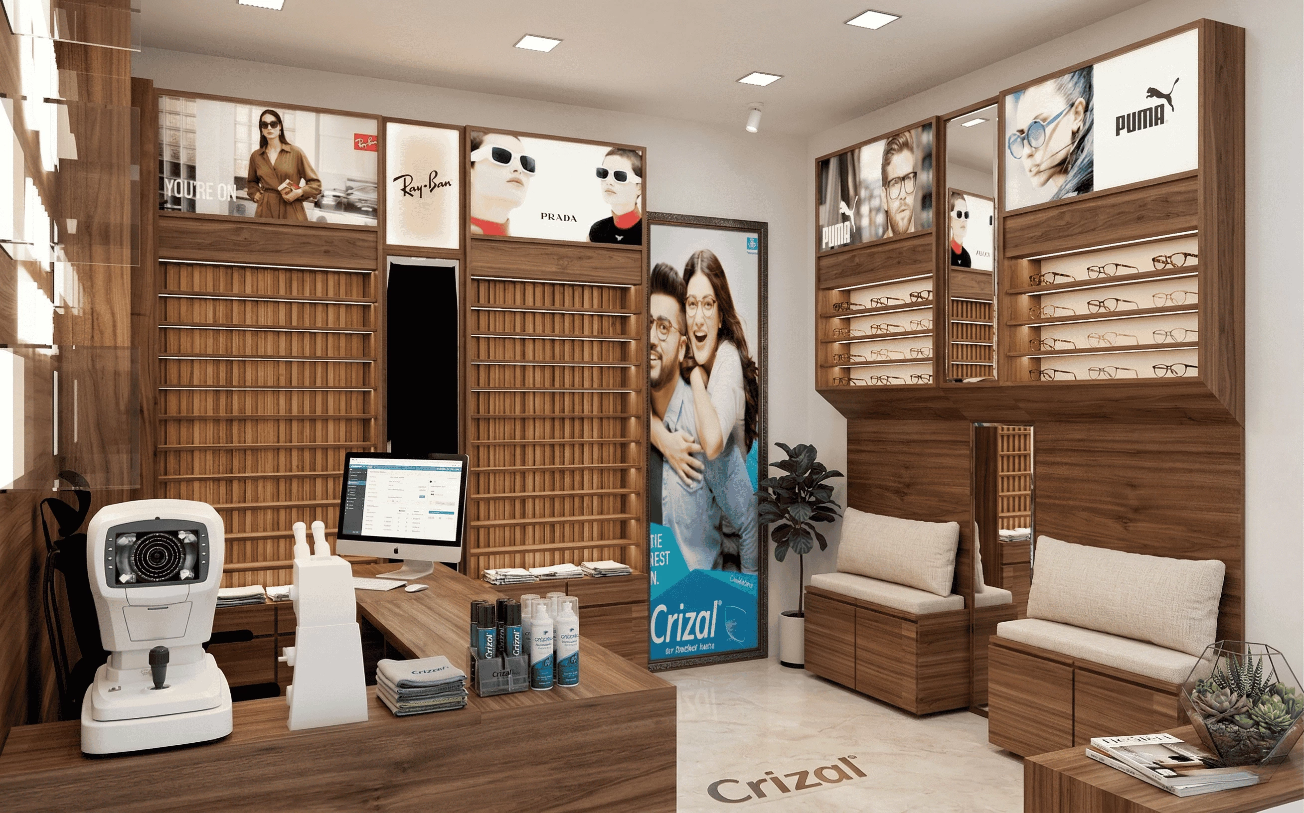 Modern optical shop interior featuring wood-paneled eyewear display walls, brand signage for Ray-Ban and Puma, a professional eye testing desk with equipment, and a cozy seating area