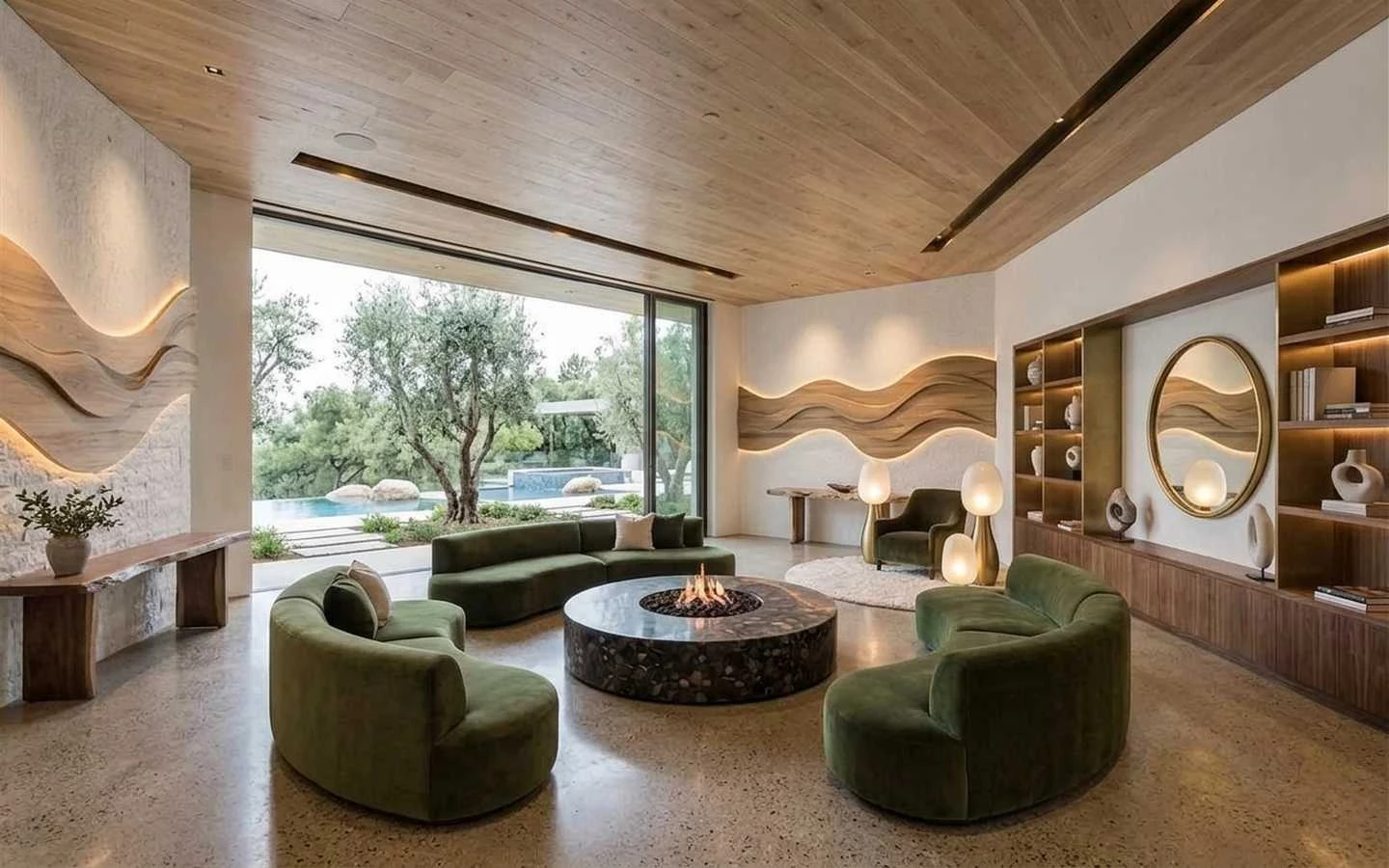 Luxury organic farmhouse lounge area featuring a circular indoor fire pit, curved olive green sofas, and built-in wood shelving with integrated lighting