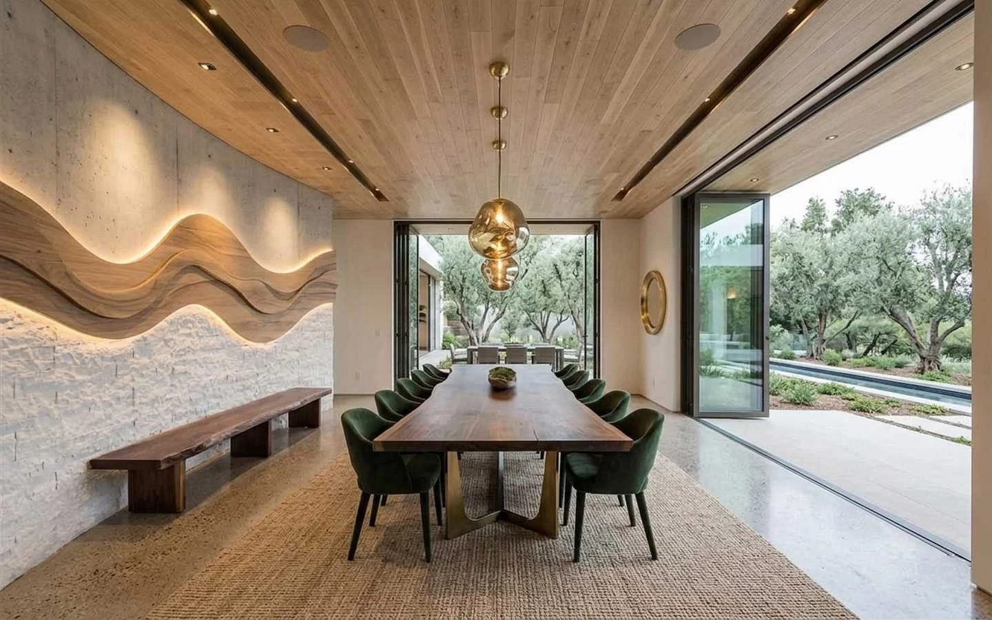 Luxury organic farmhouse dining room with a long live-edge wooden table, green velvet chairs, and large glass bifold doors opening to an outdoor patio