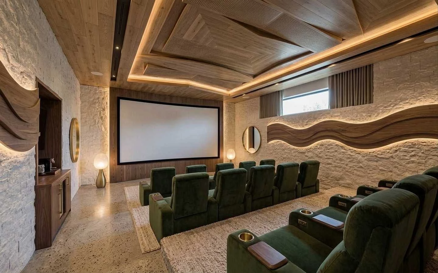 Luxury organic farmhouse home theater with green velvet recliner seating, stone textured walls, and a custom geometric wood ceiling with cove lighting