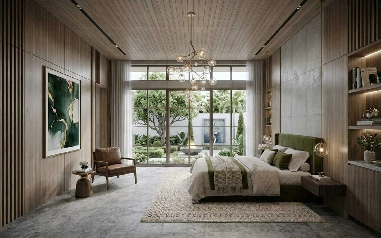 Modern organic farmhouse bedroom featuring olive green velvet furniture, wood slat walls, a gold branch chandelier, and large glass doors opening to a private garden