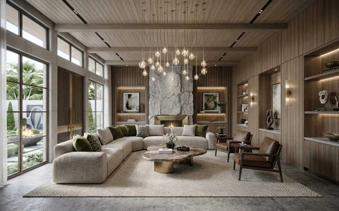 Modern organic minimalist farmhouse living room with wood paneling, a stone feature fireplace, large sectional sofa, and floor-to-ceiling windows