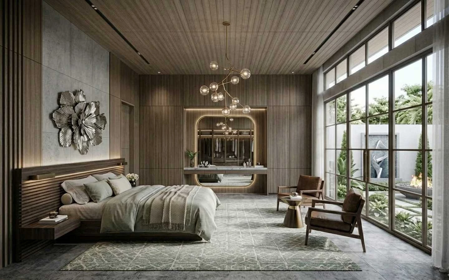 Modern organic primary bedroom suite with a integrated walk-in closet, backlit vanity mirror, wood slat wall panels, and floor-to-ceiling industrial windows