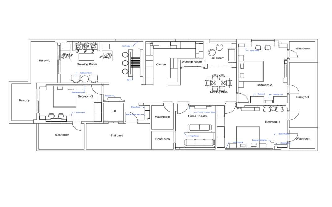 Detailed architectural floor plan of a modern residential home with bedrooms, kitchen, dining area, living room, home theatre, and balcony layout