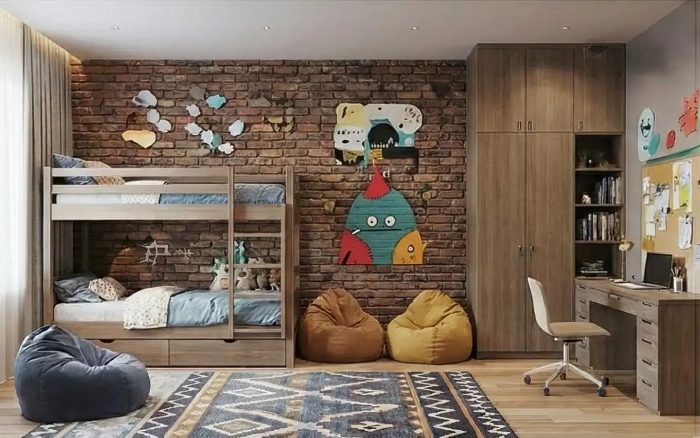 Modern residential kids' bedroom featuring a light wood bunk bed, a rustic brick accent wall with colorful art, bean bag chairs, and a built-in study desk with a wardrobe