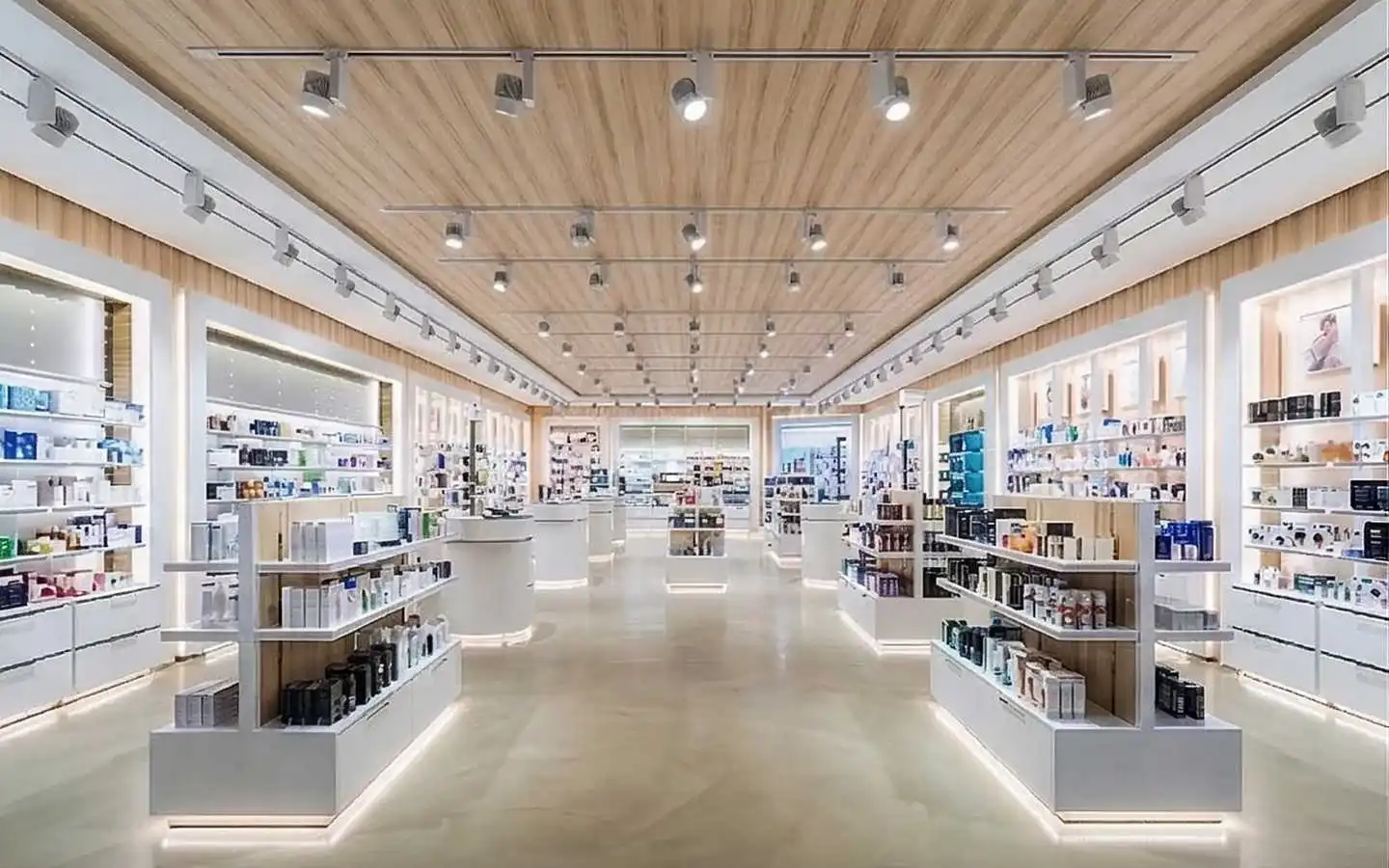 Bright retail showroom interior featuring a wood plank ceiling with track lighting and clean white product display shelving
