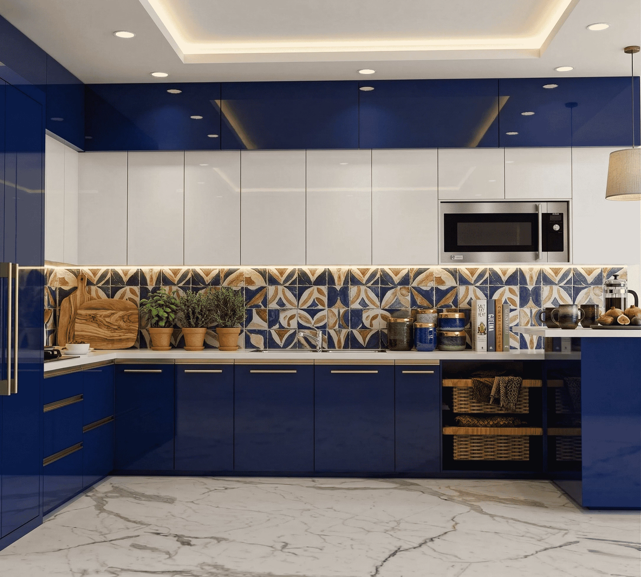 Modern L-shaped modular kitchen featuring glossy royal blue and white cabinetry, a decorative patterned tile backsplash, and white marble flooring