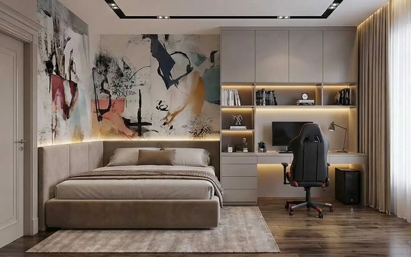 Modern compact bedroom featuring a custom integrated desk and shelving unit, an abstract mural wall, and a grey upholstered bed with warm LED accent lighting