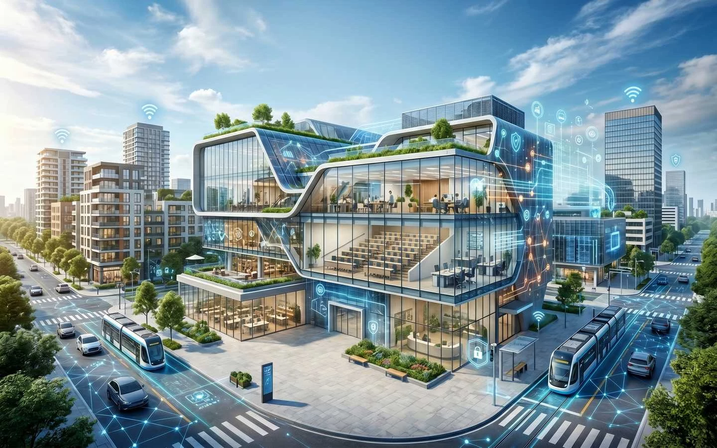 Futuristic sustainable commercial building with glass facade, smart city technology integration, and biophilic office interior design