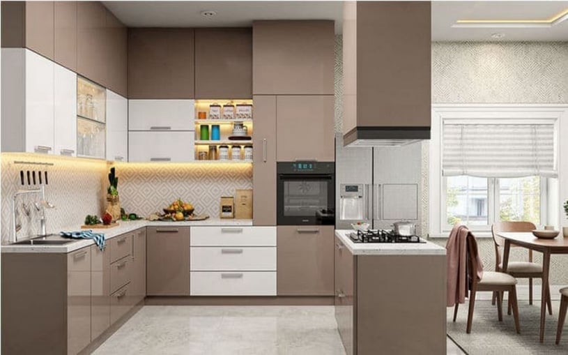 Modern kitchen interior design featuring two-tone glossy taupe and white cabinets, a geometric patterned backsplash, built-in appliances, warm under-cabinet lighting, and an adjacent dining space