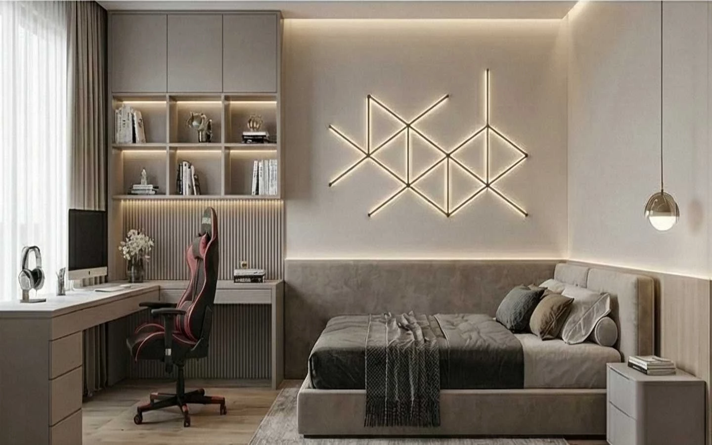 Modern teen bedroom featuring an integrated gaming desk with a red and black gaming chair, custom shelving, and a geometric LED light installation on the wall