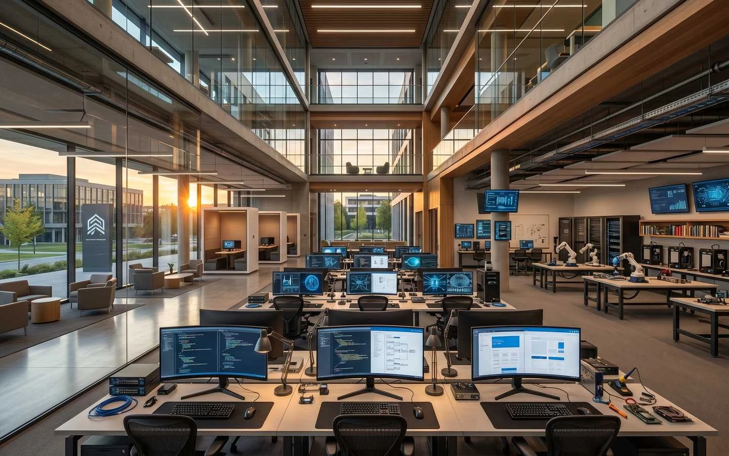 Modern university robotics lab and tech workspace with dual-monitor computer stations, robotic arms, and open-concept architectural design