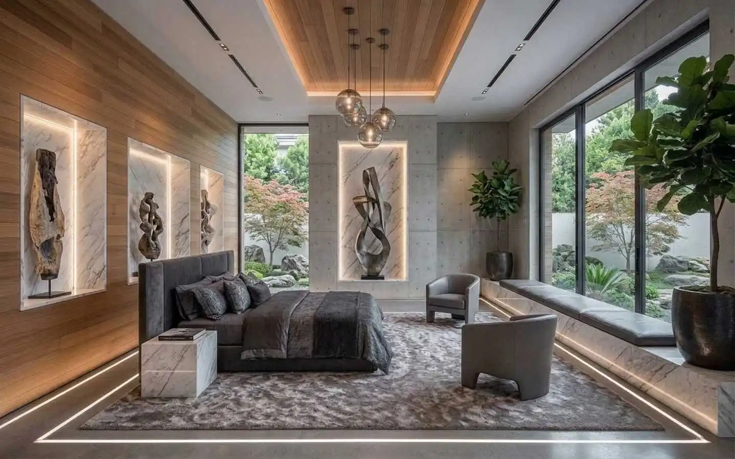 Luxury villa master suite featuring backlit marble display niches for art, a long marble window bench with leather cushions, and floor-to-ceiling glass walls overlooking a Zen garden