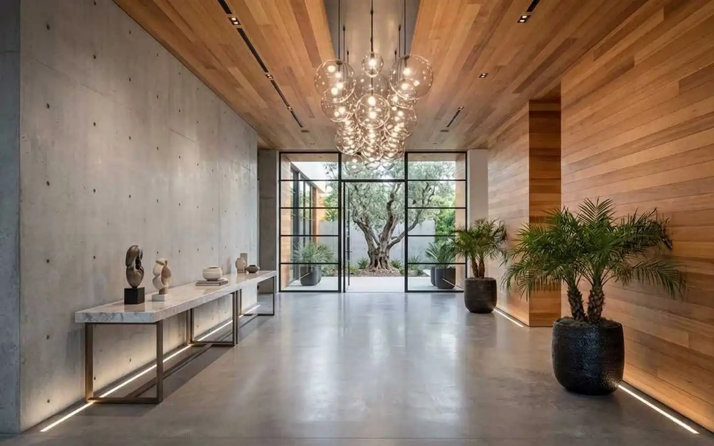 Contemporary villa entrance gallery featuring warm natural wood wall panels, a polished stone feature wall, a cascading bubble chandelier, and integrated floor LED lighting
