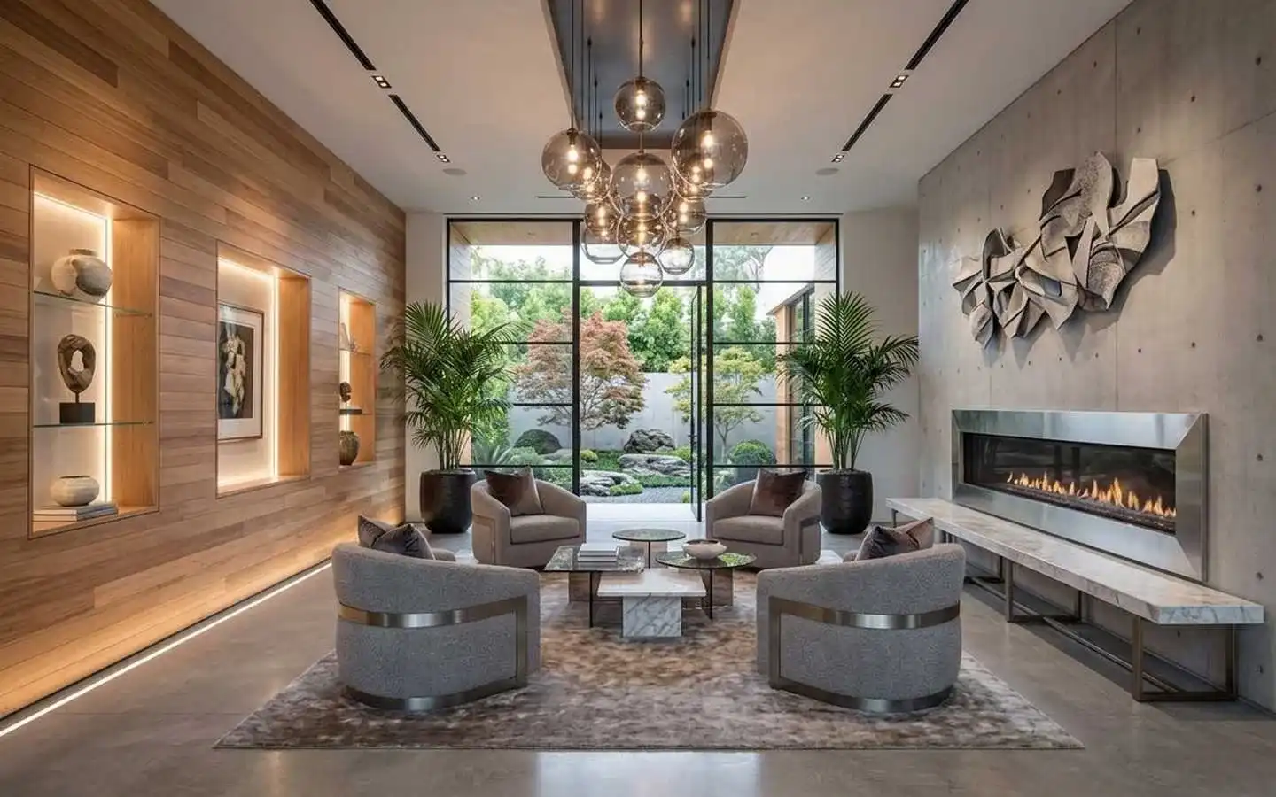Luxury villa lounge featuring a sleek linear fireplace, custom wood-paneled walls with backlit shelving, gray velvet swivel chairs, and floor-to-ceiling windows overlooking a Zen garden