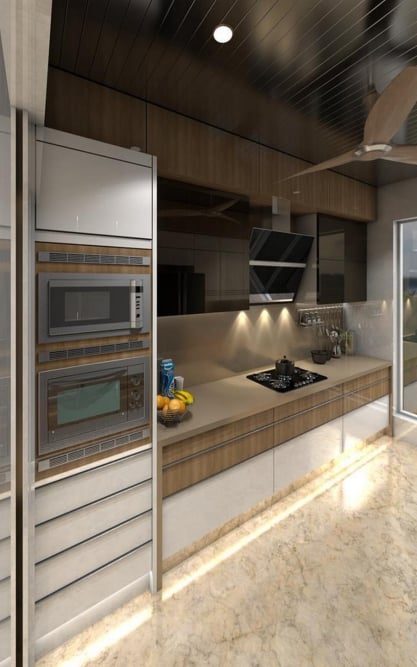Modern kitchen interior design featuring wood grain and glossy white cabinets, built-in appliances, an angled black range hood, and warm under-cabinet and floor-level LED lighting
