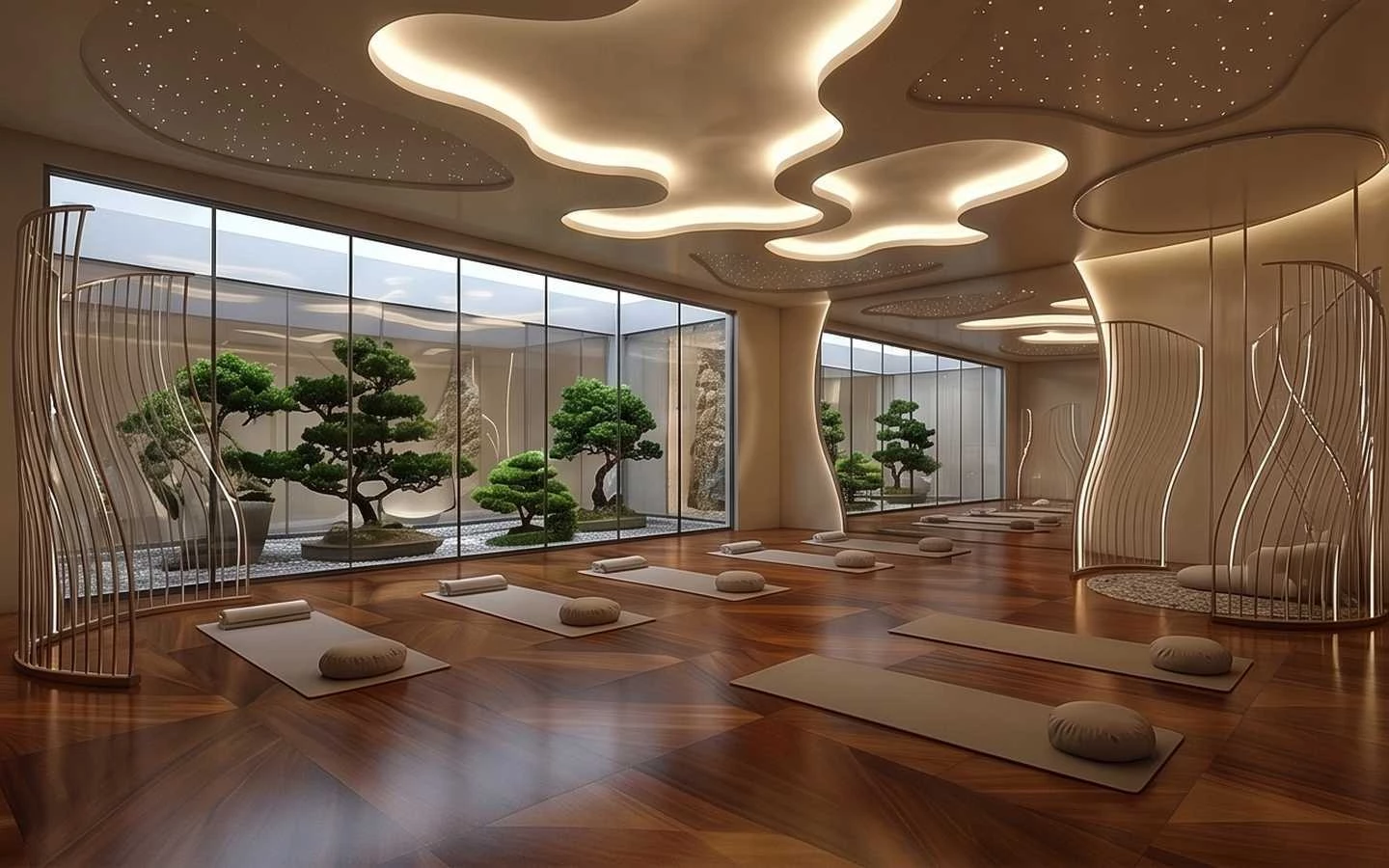 Modern zen yoga studio featuring high-end wood flooring, organic ceiling lighting, and a glass-enclosed bonsai garden courtyard